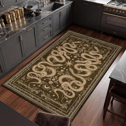 Garvee Snake Gothic Washable Rug 5x7 Dark Whimsical Moody Witchy Unique Soft Thin Carpet for Living Room Bedroom Playroom Indoor Decor Low Pile TPE Backing Brown