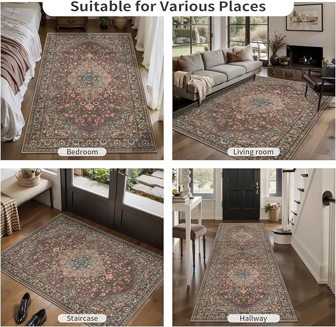 Tangsoo Vintage 2x6 Washable Runner Rug for Hallways,Red Brown Non-Slip Low Pile Long Rug Runner,Floral Soft Indoor Carpet Runner for Kitchen Bedroom Entryway Laundry