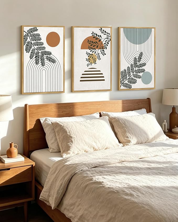 PHOPAGO Summer Boho Wall Art Large 16x24in Botanical Modern Framed Wall Prints Abstract Neutral Geometric Prints Bohemain Plants Decor for Farmhouse Home Office - Natural Framed