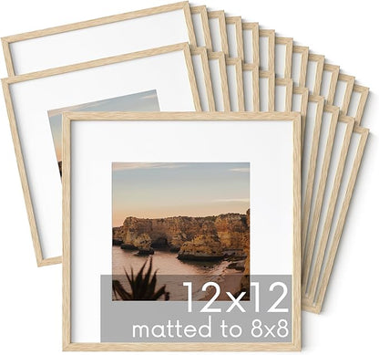 HAUS AND HUES Beige Oak Wood 12x12 Picture Frames - Set of 25, Square Frames with Mat, Modern Frames for Gallery Wall Display (12x12 in, Beige, Set of 25)