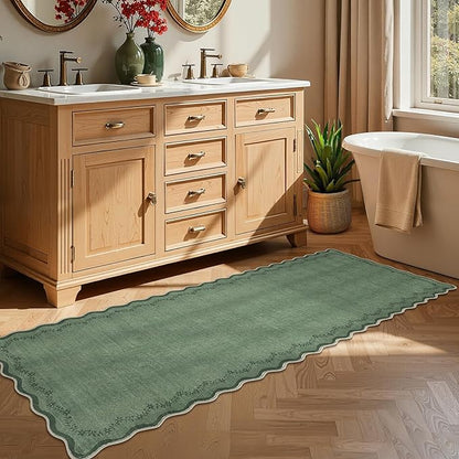 GarveeHome 2.5x8 Scalloped Washable Runner Rug for Kitchen, Soft Green Long Hallway Runner Non Slip Entryway Rug Farmhouse Thin Laundry Mat Stain Resistant Carpet for Bathroom Beside Rug