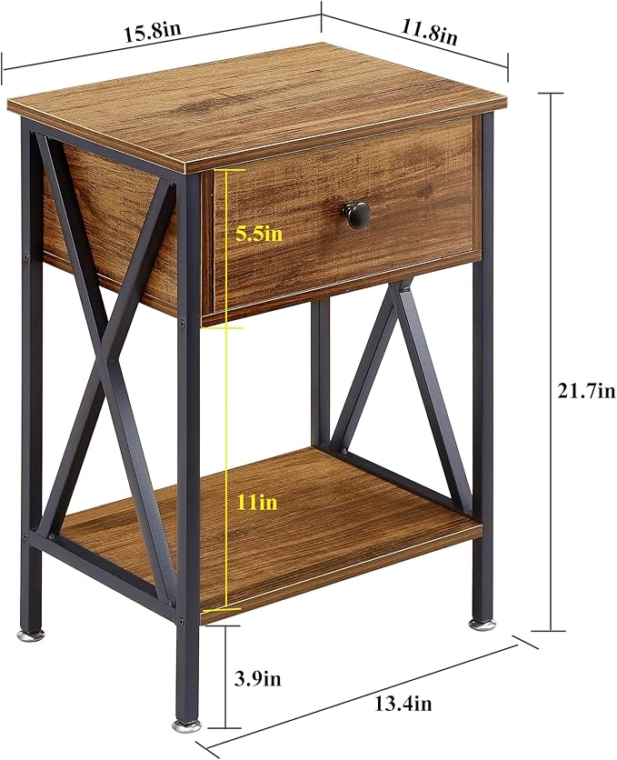 VECELO Nightstand,Modern Bedside End Table, Night Stand with Drawer and Storage Shelf for Living Room Bedroom, Industrial Metal Frame