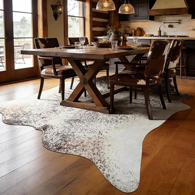 8x10 Large Cowhide Rug, Washable Faux Brown and White Hide Area Rugs for Living Room, Classic Western Brindle Animal Print Carpet for Under Dining Table, Synthetic Vegan Leather Decor
