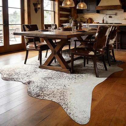 8x10 Large Cowhide Rug, Washable Faux Brown and White Hide Area Rugs for Living Room, Classic Western Brindle Animal Print Carpet for Under Dining Table, Synthetic Vegan Leather Decor