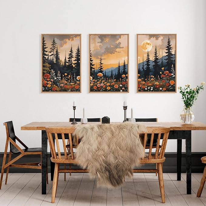 KAIRNE Mountain Wildflower Landscape Framed Canvas Wall Art Set,Vintage Moon Pine Tree Wall Decor,Rustic Forest Art Prints,Retro Scenery Artwork for Living Room,Bedroom,Farmhouse,Office-16 x24 x3