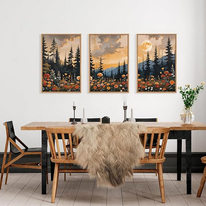 KAIRNE Mountain Wildflower Landscape Framed Canvas Wall Art Set,Vintage Moon Pine Tree Wall Decor,Rustic Forest Art Prints,Retro Scenery Artwork for Living Room,Bedroom,Farmhouse,Office-16 x24 x3