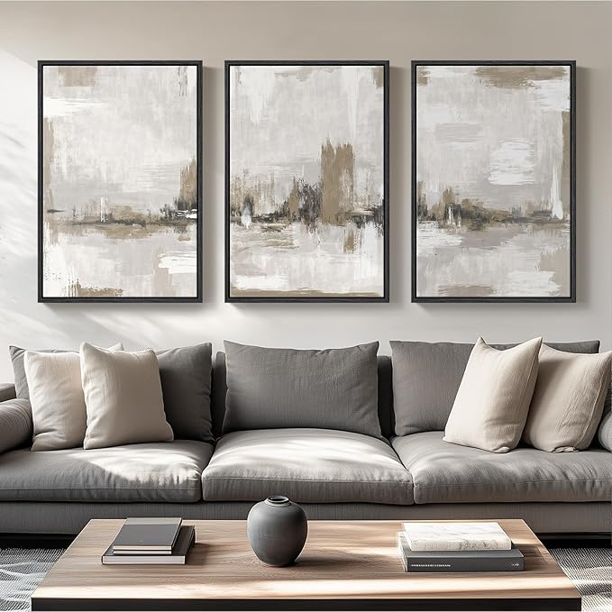 Large Framed Neutral Abstract Wall Art for Living Room, 3 Piece Brown Beige Canvas Artwork for Walls, Modern Minimalist Abstract Prints Paintings Pictures for Hallway Home Office Wall Decor, 24x36 In
