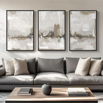Large Framed Neutral Abstract Wall Art for Living Room, 3 Piece Brown Beige Canvas Artwork for Walls, Modern Minimalist Abstract Prints Paintings Pictures for Hallway Home Office Wall Decor, 24x36 In