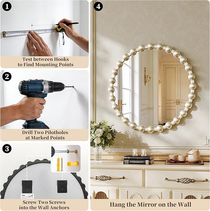 Round Mirror for Wall, 24 Inch Silver Round Vanity Mirror with Beaded Frame, Modern Decorative Wall Mirror for Bathroom, Entryway, Bedroom, Living Room, Shatter-Proof Tempered Glass, Silver