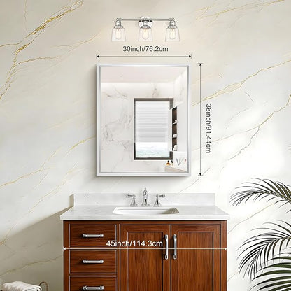 36x30 Silver Bathroom Mirror, Brushed Silver Rectangular Mirror for Wall, 0.6" Thickened Deep Frame Mirrors for Bathroom Sink, Shatterproof Tempered Glass, Antirust, Horizontally or Vertically
