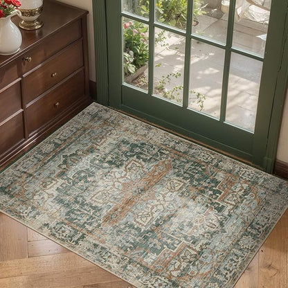 Rugxara Entryway Rug Door Mat, Washable Samll 2x3 Rug, Green Boho Front Door Mat, Non Slip Area Rugs, Low Pile Throw Accent Entry Carpet for Indoor Entrance, Bathroom and Kitchen(Green 2x3ft)