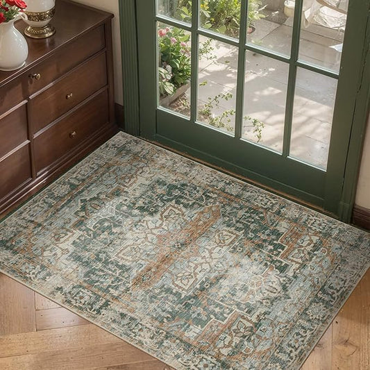 Rugxara Entryway Rug Door Mat, Washable Samll 2x3 Rug, Green Boho Front Door Mat, Non Slip Area Rugs, Low Pile Throw Accent Entry Carpet for Indoor Entrance, Bathroom and Kitchen(Green 2x3ft)