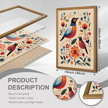Scandinavian Folk Wall Art Nodic Flower Canvas Wall Decor Norwegian Wall Art Poster Swedish Antique Wall Decor Pictures Floral Bird Prints Vintage Poster for Home Kitchen 16x24x3 Inch Framed