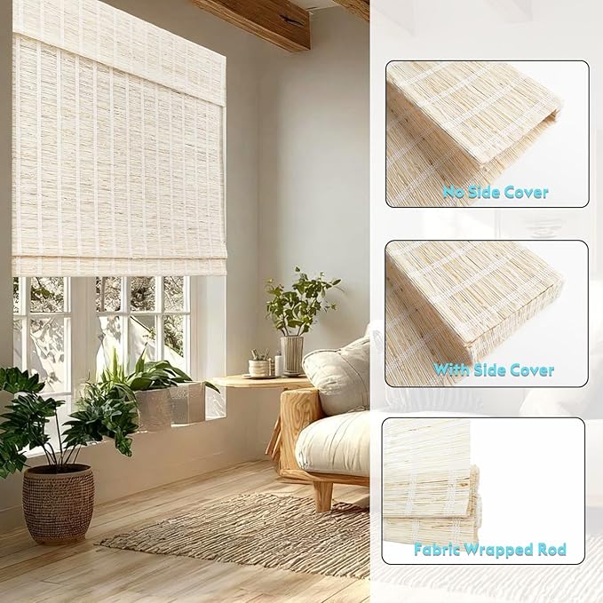 Motorized Bamboo Roman Shades, Motorized Blinds with Remote Compatible with Homekit, Alexa GoogleHome, Smart Wood Woven Shades for Indoor Windows, Customize, Shoregrass