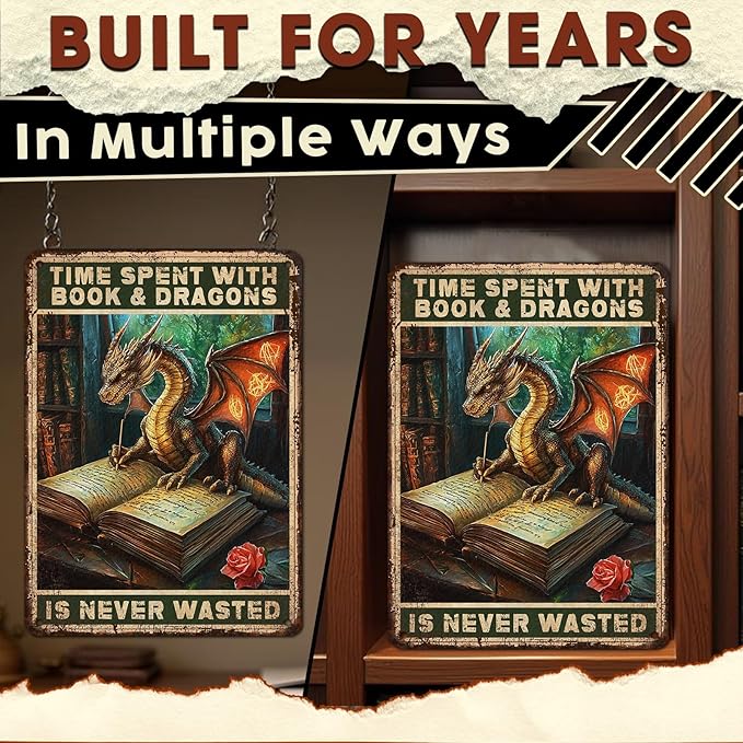 Tin Dragon Metal Sign Vintage Time Spent With Books And Dragons Is Never Wasted Vintage Sign Quote Rustic Library Decor for Study Office Home 12x16 Inch