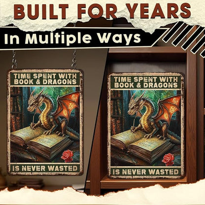 Tin Dragon Metal Sign Vintage Time Spent With Books And Dragons Is Never Wasted Vintage Sign Quote Rustic Library Decor for Study Office Home 12x16 Inch