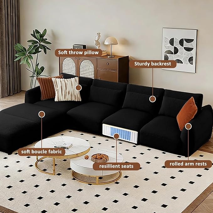 U Shaped Cloud Sectional, Convertible L Shaped Couch with Removable Ottomans,Modular Cloud Couch Sectional for Living Room (4 Set + 2 Ottomans - Black)