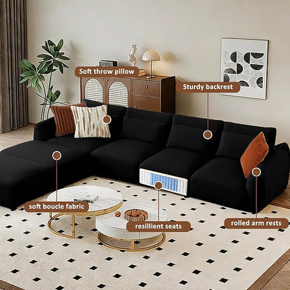 U Shaped Cloud Sectional, Convertible L Shaped Couch with Removable Ottomans,Modular Cloud Couch Sectional for Living Room (4 Set + 2 Ottomans - Black)