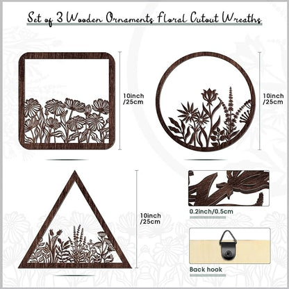 Blulu 3 Pieces Wall Art Wood Wall Pediments Sacred Boho Art Wooden Floral Decor Minimalist Floral Hanging Flower Artwork for Home Dining Room(10 Inch,Brown)