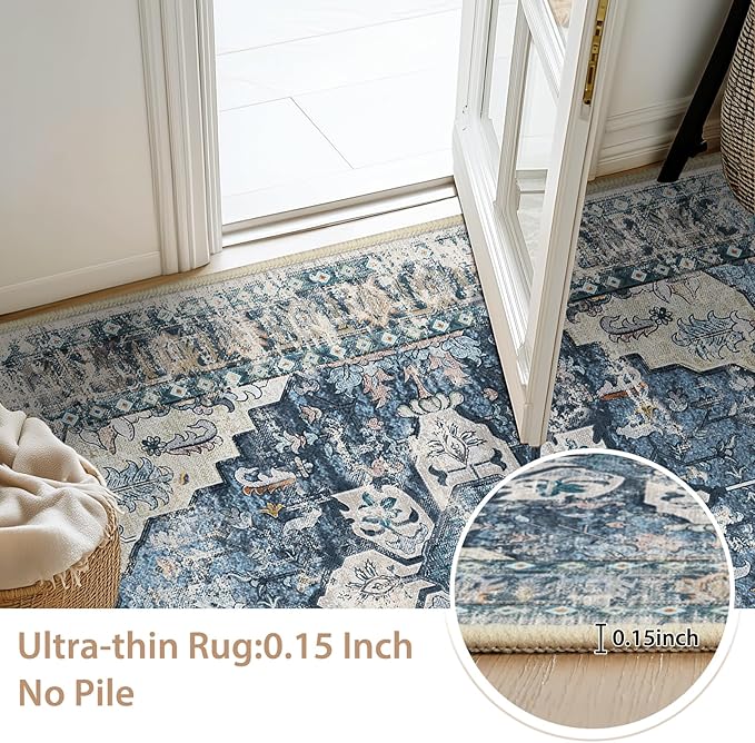 BESTSWEETIE 6x9 Area Rug Washable Rugs for Living Room, No Pile Boho Carpet for Entryway Bedroom Dinning Room, Vintage Carpet Print Distressed Non-Slip, 6 x 9 ft, Blue Navy