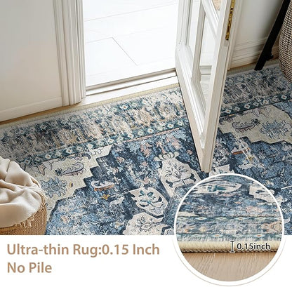 BESTSWEETIE 6x9 Area Rug Washable Rugs for Living Room, No Pile Boho Carpet for Entryway Bedroom Dinning Room, Vintage Carpet Print Distressed Non-Slip, 6 x 9 ft, Blue Navy