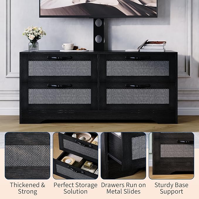 GarveeHome 4 Drawer Dresser TV Stand with Mount, XXX Inch Rattan Entertainment Center for TVs Up to 70 Inch, Farmhouse Wooden Media Console for Living Room, Bedroom, Black