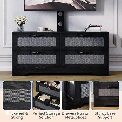 GarveeHome 4 Drawer Dresser TV Stand with Mount, XXX Inch Rattan Entertainment Center for TVs Up to 70 Inch, Farmhouse Wooden Media Console for Living Room, Bedroom, Black