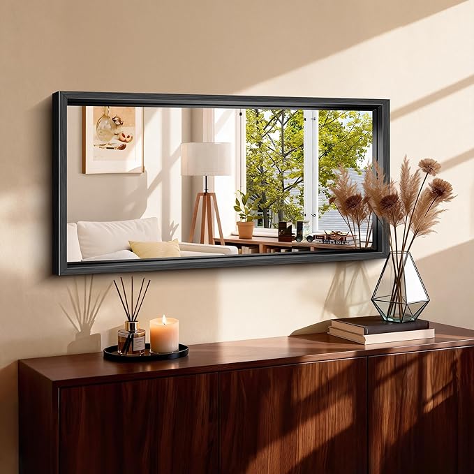 CIRCUMI 20"x40" Brushed Black Mirror with Chunky Box Metal Frame, Bathroom Mirror for Vanity Remodel & New Home, Living Room, Entryway, Rectangular Wall Mirror, Tempered Glass, Vertical or Horizontal