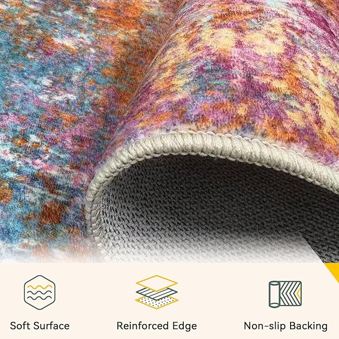 RELEANY Washable Area Rugs 4'x6' Non-Slip Modern Abstract Soft for Living Room Entryway Bedroom Nursery, Print Pattern, Orange Blue Pink Yellow Colorful