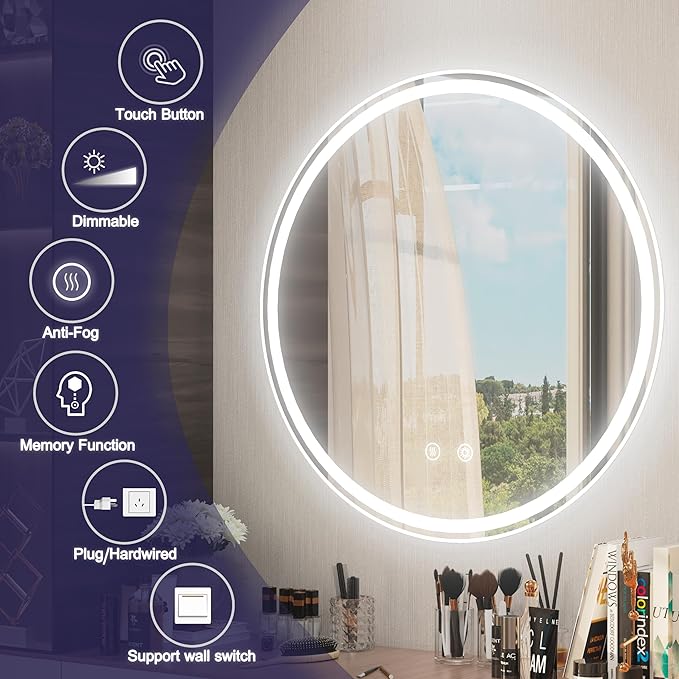 28 Inch Round LED Bathroom Mirror with Light, 6000K Dimmable Front & Backlit, Anti-Fog, Memory, CRI 90+, Frameless Round Vanity Mirror with Lights