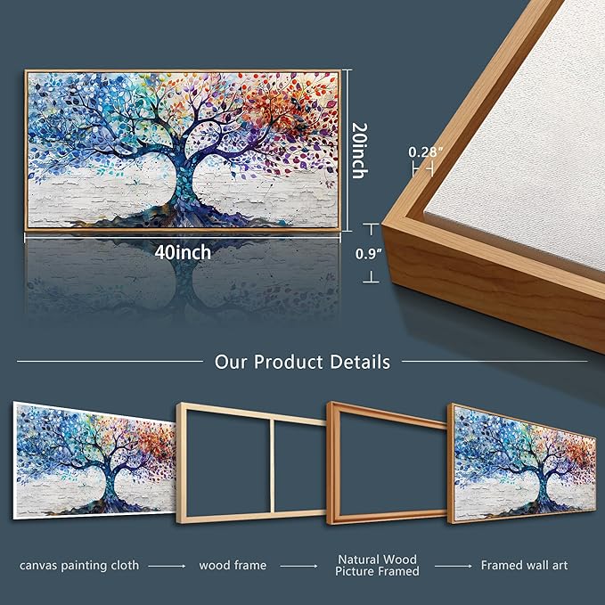 ERQINHUA Large Canvas Wall Art For Living Room Wood Framed Wall Decor For Bedroom Modern Office Decorations Colorful Wall Painting Tree Abstract Pictures Canvas Prints Artwork Home Decor 20x40 In
