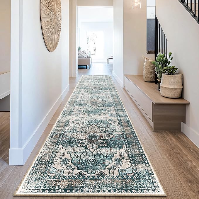 BESTSWEETIE 2x10 Area Rug Washable Rugs for Living Room, No Pile Boho Carpet for Entryway Bedroom Dinning Room, Vintage Carpet Print Distressed Non-Slip, 2 x 10 ft, Green