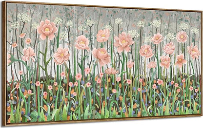Large Framed Country Living Room Wall Art, Modern Pink And Green Wildflower Canvas Artwork, Natural And Idyllic Landscape Print Picture For Bedrooms, Dining Rooms, Offices, And Studies. 48X24 Inches.