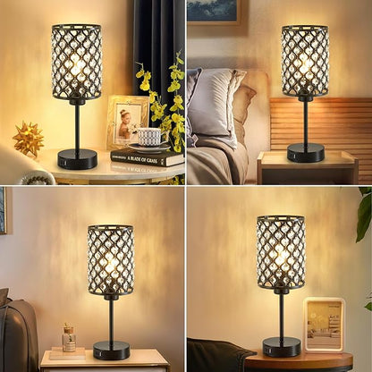 GyroVu Crystal Table Lamp, Black Lamp for Bedroom Nightstand with USB C+A Ports, Dimmable Touch Lamp with Crystal Shade, Bedside Lamp Small Lamp for Bedroom, Living Room, Office (Bulb Included)