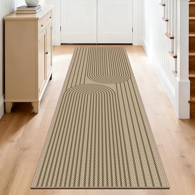 Easy Jute Hallway Runner Rug, 2' x 8' Kitchen Runner, Brown Farmhouse Ultra-Thin Washable Non-Slip Carpet Runner for Laundry, Bedroom, Backyard, Outdoor, Home Decor