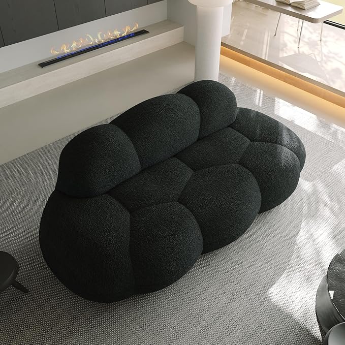 Modern Curved Sofa, 3 Seater, Soft Sherpa Upholstered Sofa, Minimalist Style Comfy Cloud Couch for Living Room Apartment, Black