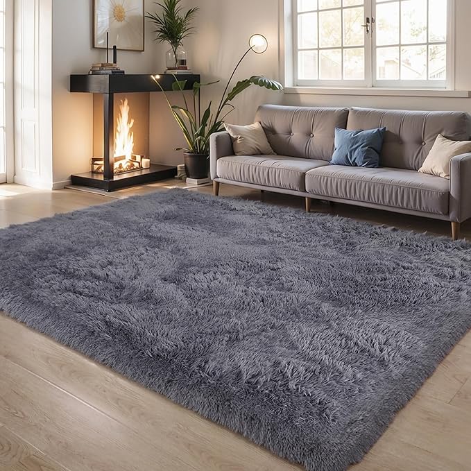 KICHOWUA Thick Area Rug Grey Fluffy 4x6 for Bedroom Living Room Washable Plush Rug for Kids Baby Room Nursery Non Slip Soft Shag Cozy Shaggy Rugs for College Dorm Fuzzy Furry Floor Carpet