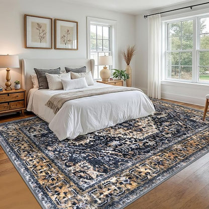 KOZYFLY Boho Area Rug 9x12 Ft Thin Rugs for Living Room Washable Bedroom Rug Non Slip Rugs for Living Room Gold/Orange/Navy Printed Faux Wool Vintage Bedroom Rug Floor Carpet