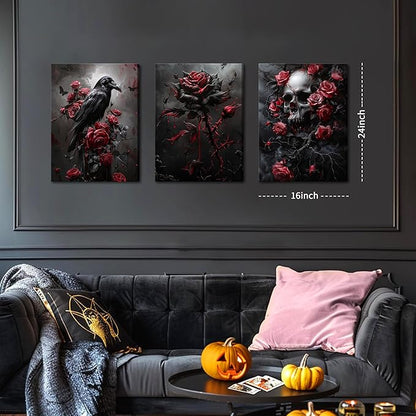 Gothic Canvas Wall Art Set of 3, Romantic Rose Halloween Wall Decor Paintings, Dark Goth Crow Skull Posters Prints for Bathroom Living Room Gallery Home Decor 16x24In Framed