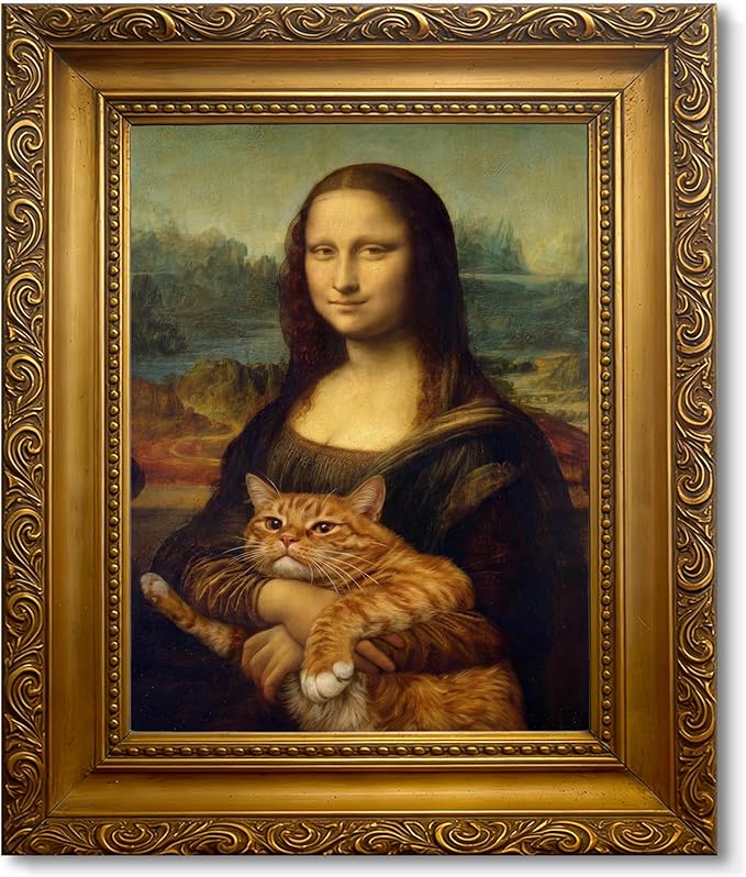 Funny Mona Lisa Cat Wall Art, Vintage Renaissance Mona Lisa Holding Orange Tabby Cat Canvas Print, Classic Abstract Art Painting Poster for Bathroom Living Room Bedroom Home Decor 8x10 Inch Unframed