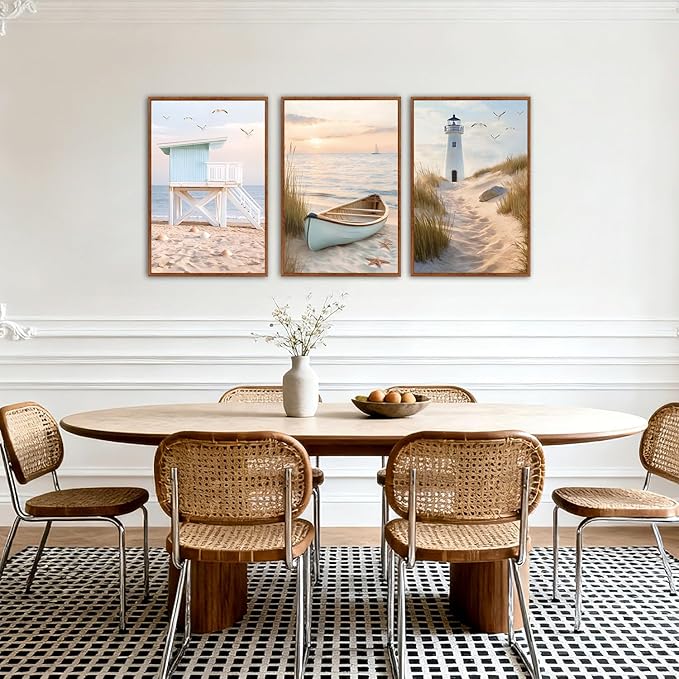 KAlRNE Modern Coastal Framed Canvas Wall Art Set of 3(16”X24”),Neutral Beach Sailboat Wall Decor,Ocean Lighthouse Picture,Photography Seagull Seascape Art Prints For Living Room Bedroom Office
