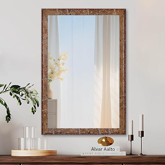 CULER Wood Wall Mirror for Bathroom,Rectangle Rustic Brown 24 x 36 inch Hanging Vanity Farmhouse Mirrors with Wooden Frame for Living Room,Bedroom,Entryway