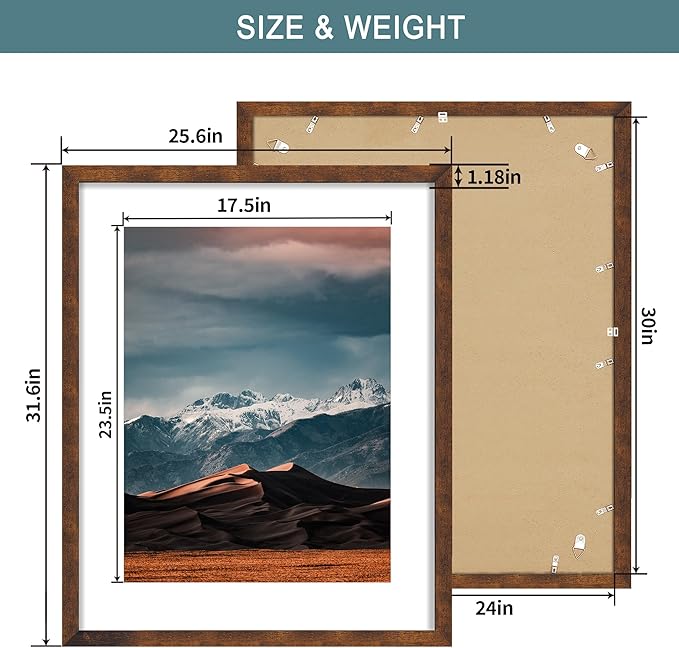 iRahmen 24x30 Poster Frame with 18x24 Mat - Plexiglass Wooden Picture Frames for Photo Wall Gallery Mounting (Dark Brown, Set of 2)