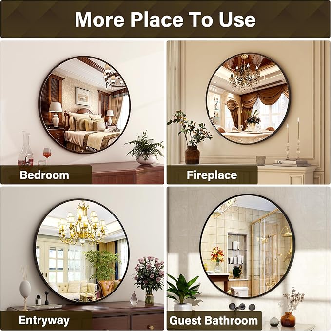 XRAMFY 30 Inch Round Mirror - Circle Mirrors for Bathroom, Entryway and Living Room Wall Decor, Modern Hanging Vanity Mirror, Matte Black Circle Decorative Wall Mirror
