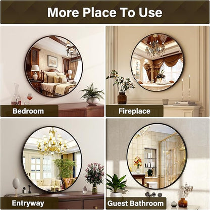 XRAMFY 30 Inch Round Mirror - Circle Mirrors for Bathroom, Entryway and Living Room Wall Decor, Modern Hanging Vanity Mirror, Matte Black Circle Decorative Wall Mirror