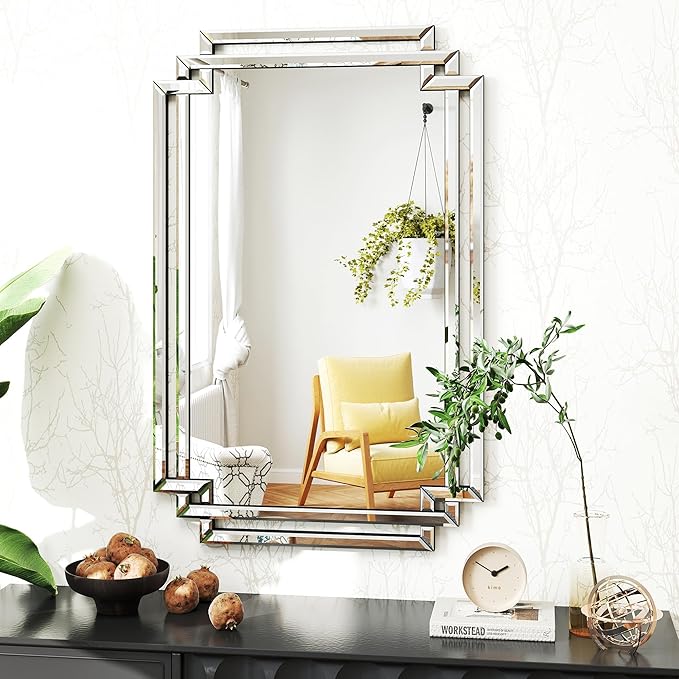 Modern Large Living Room Mirror with Mirrored Frame for Home Decor, 24" X 36" Decorative Wall Mirror with Glass Pieces and Beveled Edge for Dining Room, Bathroom, Entryway, Dressing Room