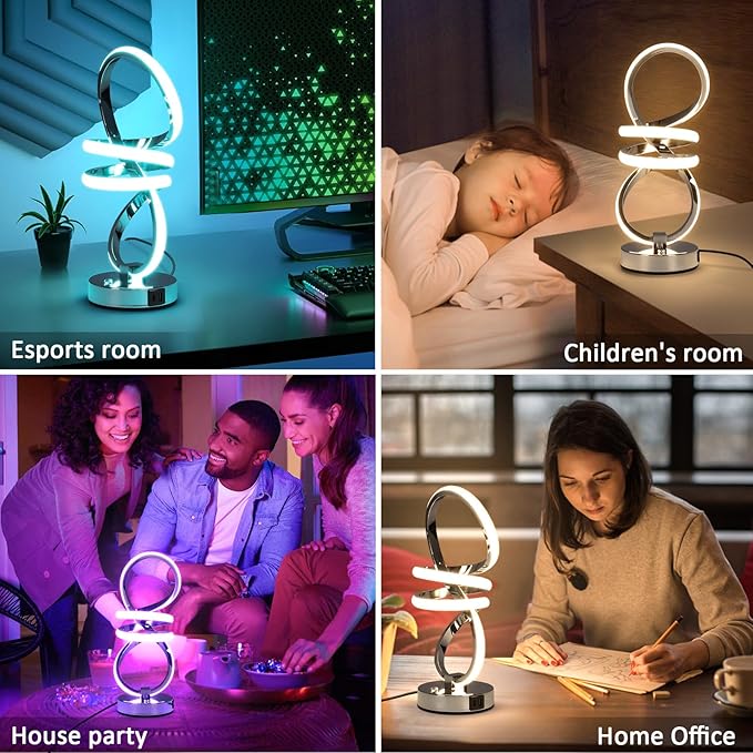 EIDISUNY RGB Spiral Table Lamp, Modern LED Table Lamp, Chrome Cool Bedside Lamps, 7 Colors & 10 Light Modes Touch Dimmable LED Nightstand Lamp with USB/Type C for Bedroom, Living Room,Silver
