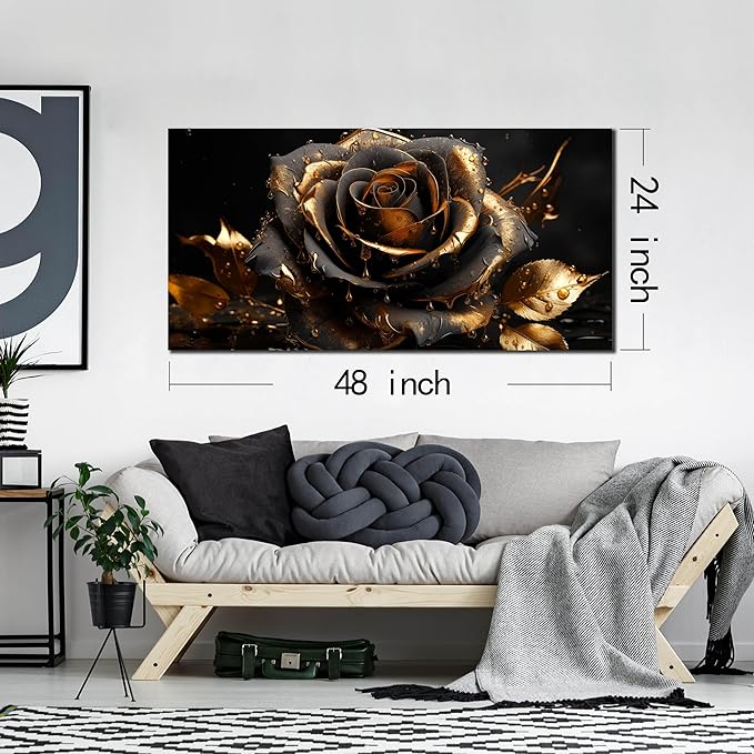 Ouzzlie Large Black Canvas Art for Bedroom Rose Wall Art Flower Picture Gold Wall Decor Artwork for Living Room Office 24" x 48"