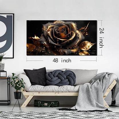 Ouzzlie Large Black Canvas Art for Bedroom Rose Wall Art Flower Picture Gold Wall Decor Artwork for Living Room Office 24" x 48"