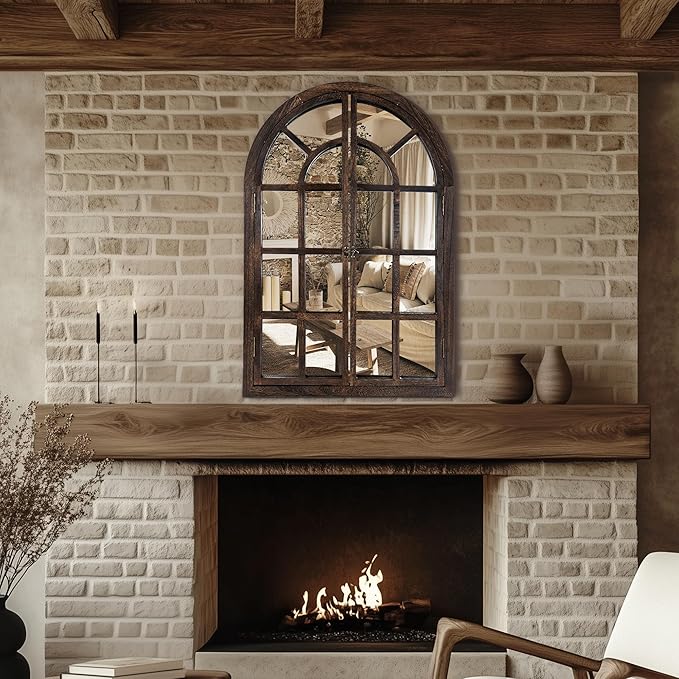 Arched Wall Mirror with Window Pane Design 36x24 Inch Rustic Farmhouse Wood Decorative Mirror for Living Room Bedroom Entryway